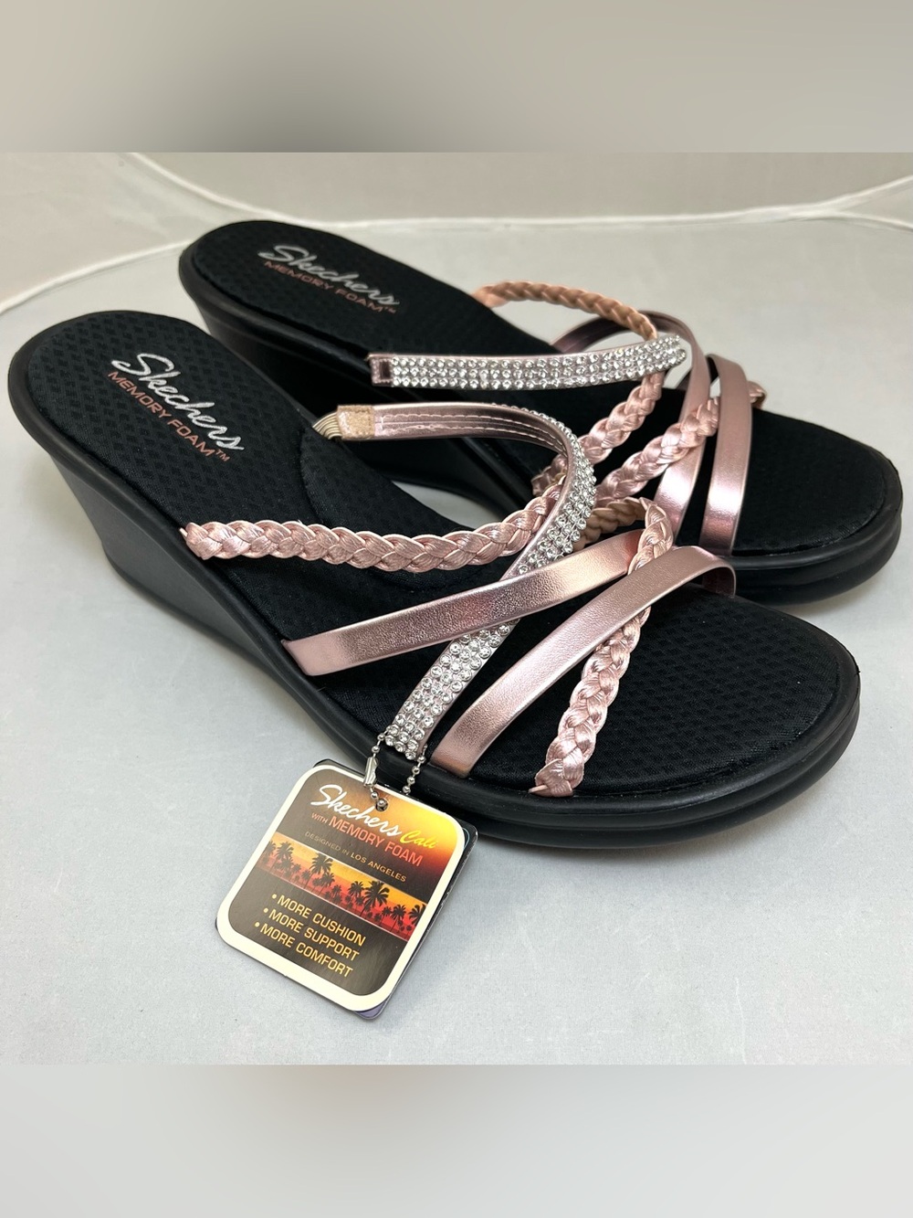 NWT Skechers Cali Memory Foam Rose Gold Rhinestone Wedge Sandals Bio-Dri Size 11